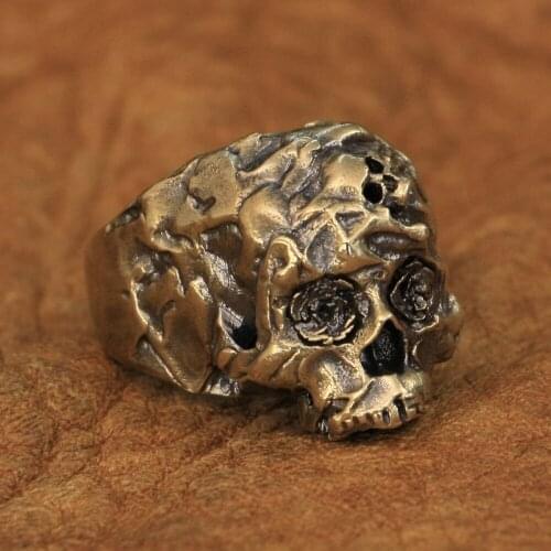 LINSION Details Brass Rose Skull Ring Mens Biker Punk Ring BR280 US Size 7~15