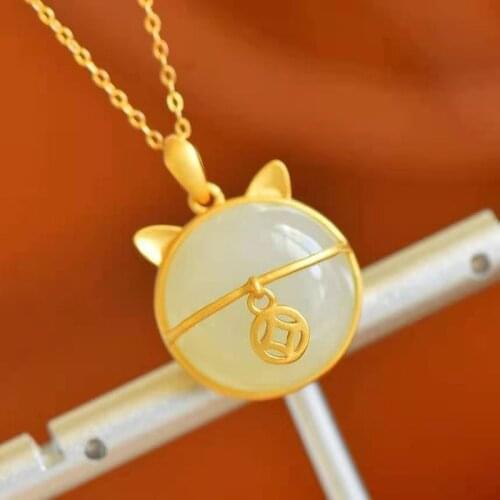 New Natural Hetian Jade Egg Noodle Pendant Fashion 925 Silver Fortune Cat Prayer Necklace Designed for Women Jewelry