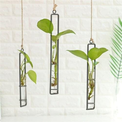 Hanging Glass Planter Water Iron Art Hydroponic Vase Transparent Test Tube Flower Hanging Bottle Home Decoration Garden Supplies