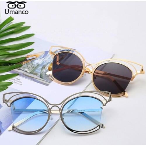 Umanco Designer Hollow Cat Eye Sunglasses Women Men Metal Frame Resin Lens Trendy Luxury Brand Outdoor Travel Shades Gifts