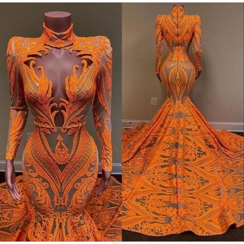 2021 New Orange Mermaid Prom Dresses Long Sleeves Deep V Neck Sexy Sequined African Black Girls Fishtail Evening Wear Dress