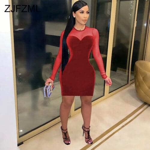 2021 Spring O Neck Patchwork Velvet Dress Sexy Mesh See Through Club Party Dress Autumn Long Sleeve Elegant Women Dress Vestido
