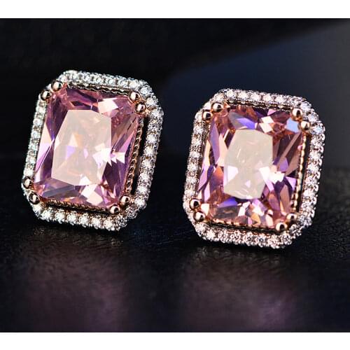 925 Sterling Silver Wedding Earrings for Women Pink Rectangle Quartz Stud Earrings Anniversary Party Gift Romantic Jewelry
