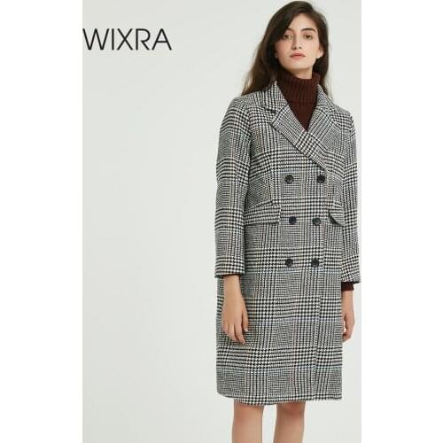 Wixra Women Vintage Plaid Overcoats Autumn Spring Double Breasted Casual Coat Long Sleeve Ladies Classic Long Outerwears