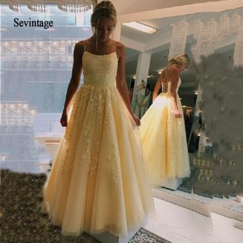 Sevintage Yellow Spaghetti Straps Lace Prom Dresses Criss Cross Back Elegant Formal Tulles Long Evening Gowns robe de soiree
