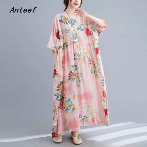 Short sleeve cotton vintage floral dresses for women casual loose long woman summer dress elegant clothes 2021