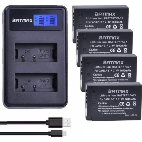 Batmax 4pcs 1040mAh LP-E17 LPE17 LP E17 Batteries+LCD Dual USB Charger for Canon EOS T6i 750D T6s 760D 800D M3 M5 8000D Kissx8i