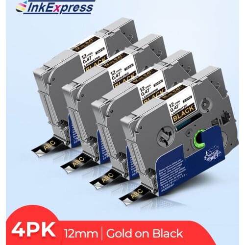 4pcs 12mmx8m Gold on Black tape tze-334 tze 334 tz-334 Lamainted TZe Tape Printer Ribbon for Brother p touch label maker