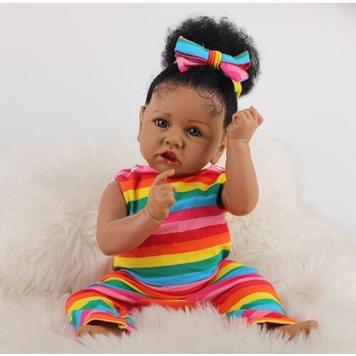 58cm Reborn Doll Black Skin Saskia Cloth Body Soft Silicone African American Baby Girl In Rainbow Dress Lifesize Reborn Doll