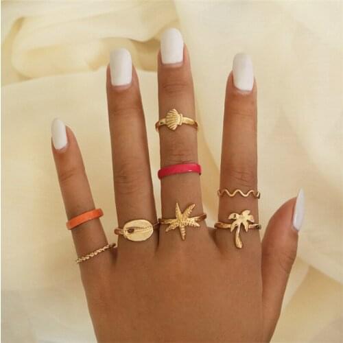 8pc/set Shell Starfish Coconut Tree Rings For Women Personality Marine Element Shell Ring Set