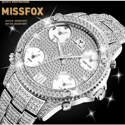 MISSFOX Roman Numerals Watches Jagged Bezel Classic Silver Watch Arab Dial Half Iced Stainless Steel Water Resistant Timepieces