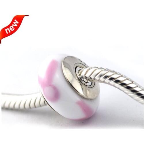 DIY Fits For Pandora Braclets Pink Ribbon Murano Glass Beads 100% 925 Sterling Silver Charms Fashion Jewelry Free Shipping