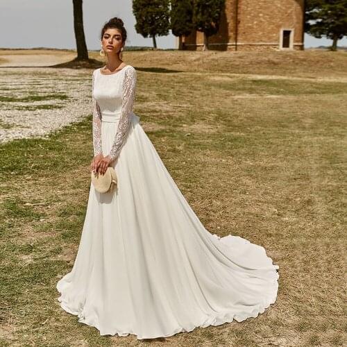 Elegant Women Formal Party Dress Vintage Sexy Chiffon Long Sleeve White Lace Backless Long Wedding Dress with Bow