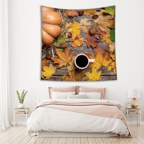 Tapestry Pumpkin 6chestnuts Pinecones Leaves and Cup of Coffee on Wooden Table Autumn Them Decor Brown