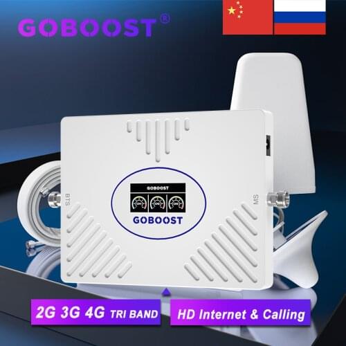 GOBOOST 70dB GSM Repeater 2G 3G 4G Signal Booster 900 1800 2100 Tri Band Cellular Amplifier LTE 2600 Mobile Phone Amplifier Set