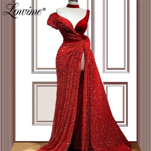 Red Beaded Long Prom Dresses High Split Side Saudi Arabic One Shoulder Evening Dress Robe De Soiree Dubai Party Gown 2020 Custom