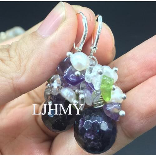 LJHMY Natural Peridot Amethyst Clear Crystal White Pearl Stone Dangle Earring Sterling Silver Bohemian Chandelier Earrings