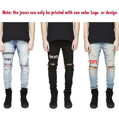 Custom Logo High Street Hip Hop Men Punk Boy Jeans hallow out Destroyed Knee Holes Pencil Trousers Ripped Demin Male Rock pants