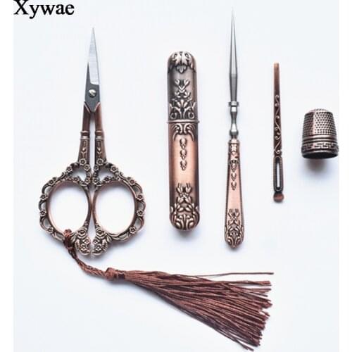 Retro Vintage Scissors Awl Threader Thimble Embroidery Scissors Tailor Needlework Craft Fabric Tools for Sewing Supplies Diy