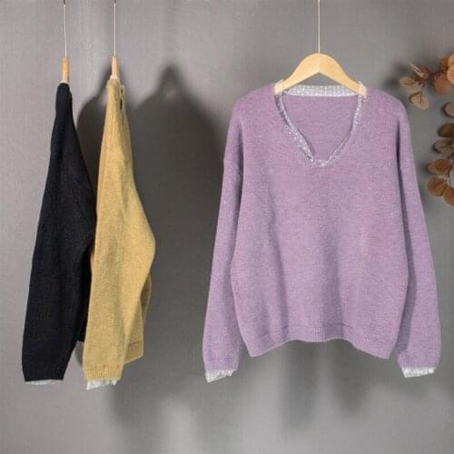 Autumn Winter 2021 Warm Loose Womens Sweater Purple Khaki Lace Patchwork Elegant Knit Jumper Tops Female