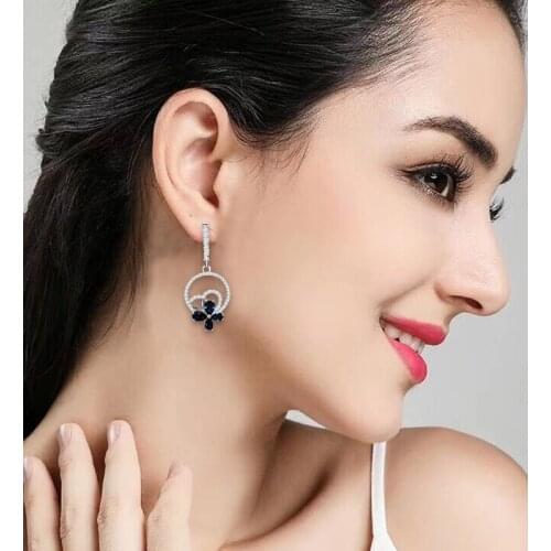 ROLILASON For lover gifts Butterfly Flower Design 925 Silver Blue Zircon Earrings Necklace Rings Jewelry Sets JS851