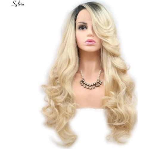 Sylvia Blonde Synthetic Lace Front Wigs Ombre Long Body Wave With Dark Roots Heat Resistant Fiber Hair Wig For Women Side Part