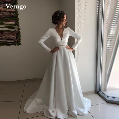 Verngo Simple Satin Long Sleeves Wedding Dress V Neck Crystal Sash Backless A Line Modest Bride Gowns Sweep Train Formal Dress