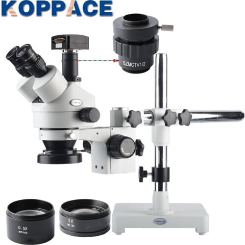 KOPPACE 5MP Industrial Microscope Camera 3.5X-90X Trinocular Stereo Microscope 144 LED Ring Light 0.5X/2X Auxiliary Lens USB2.0