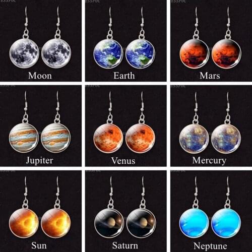Solary System Earrings Moon Mars Earth Jupiter Glass Cabochon Dangle Earrings Space Planet Jewelry Drop Earrings for Women