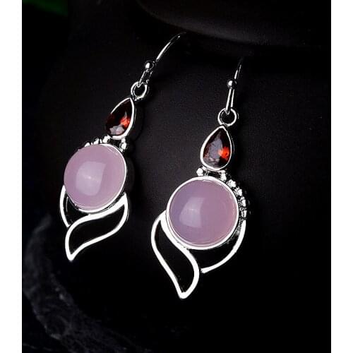 Natural Pink Chalcedony Carving Peacock Earrings Fashion Personality Boutique Jewelry Mens and Womens 925 Silver AgateEarrings