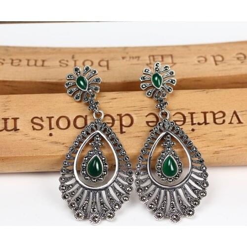 ZHJIASHUN Vintage 100% 925 Sterling Silver Natural Agate Chalcedony Big Earrings For Women Retro Gemstones Earring Jewelry