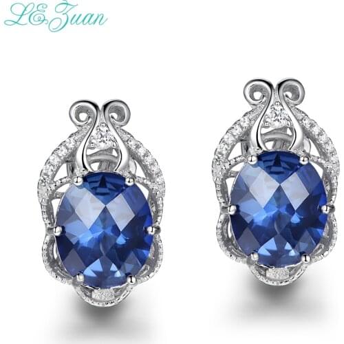 L&zuan 13.66ct Sapphire Blue Stone Real 925 Sterling Silver Jewelry Earrings For Women Checkerboard Cut Gems Luxury E0074-W02