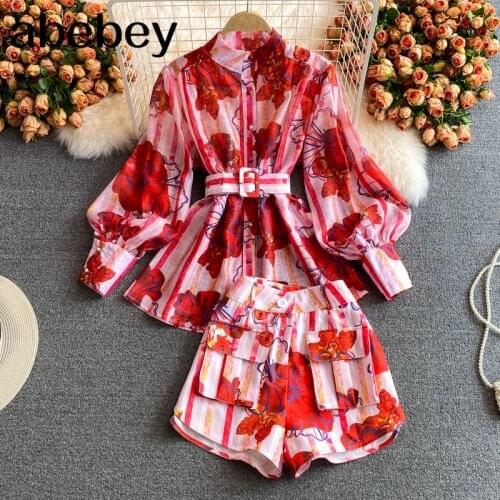 2021 New Summer Fashion stand collar Lantern Sleeve single breasted lace up Top + high waist casual wide leg shorts 2-piece set