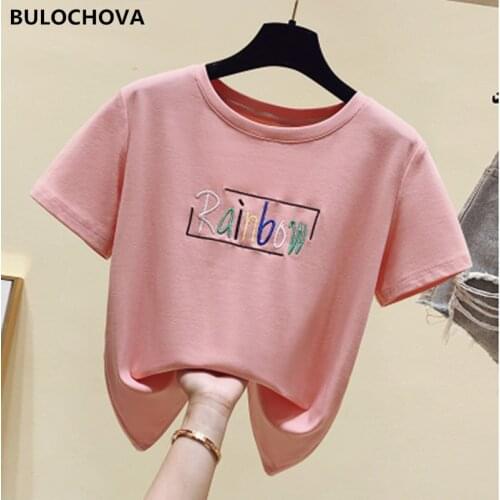 BULOCHOVA Women Pullover Short Sleeve Back Button T Shirt Clothes 2021 Summer Students Embroidery Letters Loose Cotton Tops