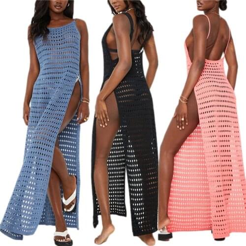 Womens Hollow Out Long Dress, Sleeveless Crochet High Split Swimsuit Cover Up Dress, Pink/Black/Blue/White, S/M/L