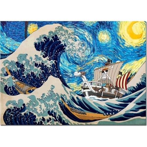 Bandai Katsushika Hokusai One Piece Poster Van Gogh Starry Sky Abstract Canvas Painting Pirate Ship Art Print Picture Wall Decor