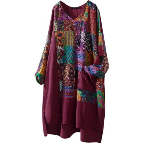 5xl Plus Size Blouse Women Long Sleeved Shirt Female Fashion Floral Cotton Linen O-neck Big Size Tunic Print Blouse Top Blusas