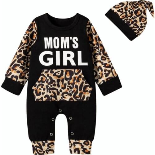 OPPERIAYA Infant Kids Long Sleeve Round Neck Romper Hat Leopard Print Pattern Stitching Cotton Spring Autumn Clothing