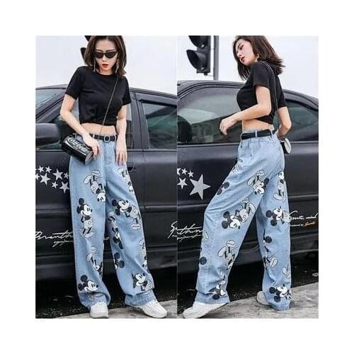 Disney Mickey mouse jeans lady men women trousers cartoon Straight pants