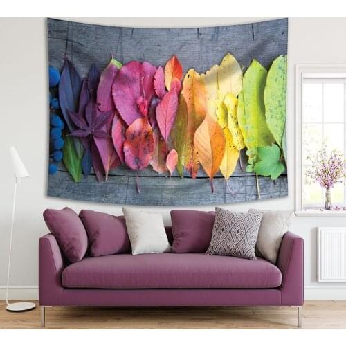 Tapestry Autumn Leaves and Berries on Wooden Table Country Style Decorative Photo Gray Green Yellow Purple