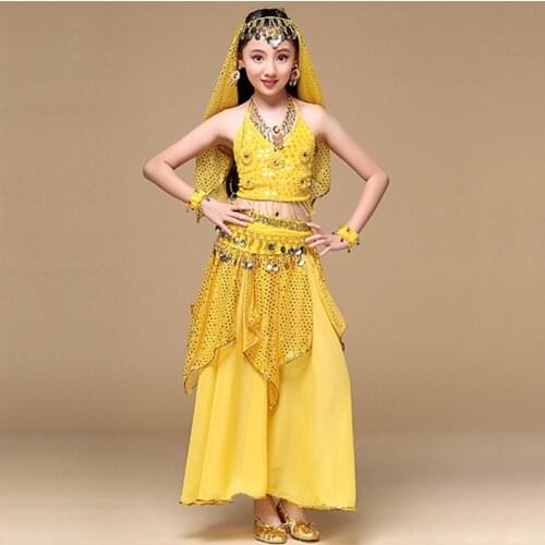 Indian Sari Children Indian Dance 5-piece Costume Set (Top, Belt, Skirt and Head Pieces) Kids Bollywood Dance Costumes for Girls