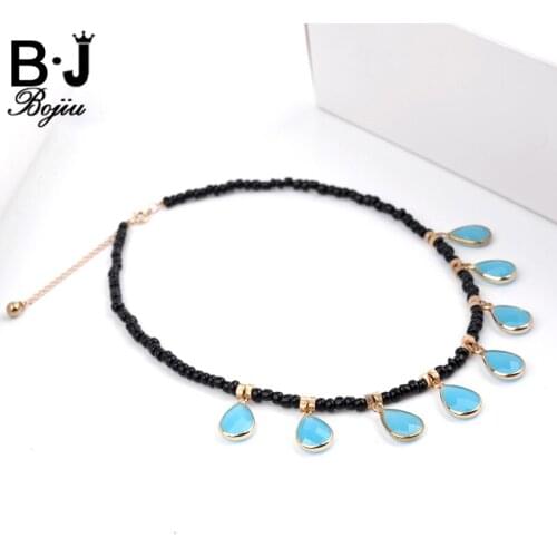 BOJIU Classic Necklace For Women New Fashion Blue Glass Water Drop Black Seed Beads Bohemia Woman Pendants Necklace NKS097