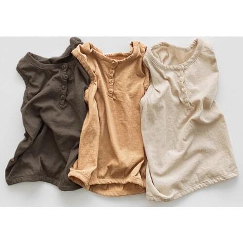 2020 Summer Korean Childrens Clothing New Boys and Girls Cotton Button Sleeveless Vest round Neck T-shirt