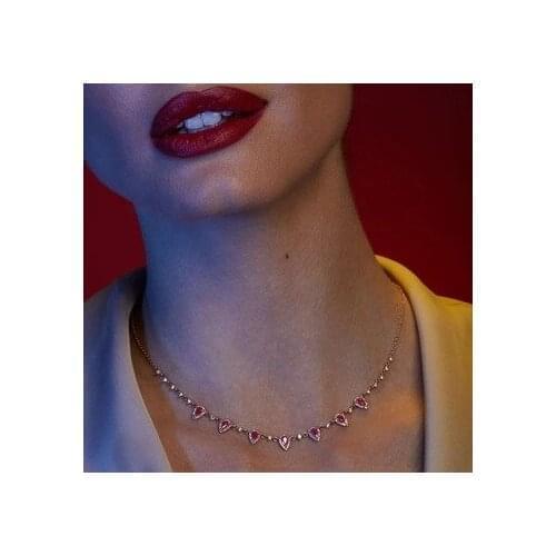 Micro pave red cubic zirconia cz fashion jewelry rose gold color delicate geometric water drop choker necklace for women girls