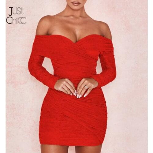 Justchicc Mesh Red Sexy Dress Off Shoulder Double Layer V Neck Long Sleeves Zipper Party Club Mini Dress Pleated Bodycon Dresses