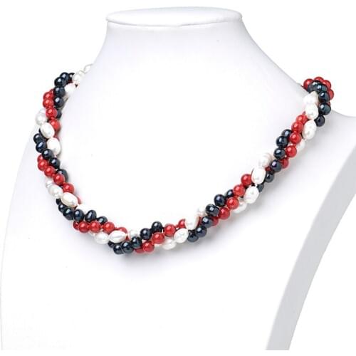 Wholesale Pick Size 7mm&6-7mm&7-10mm Natural Black Pearls&White Pearls&Natural Red Coral Necklace 19inch Fit Noble Women H449