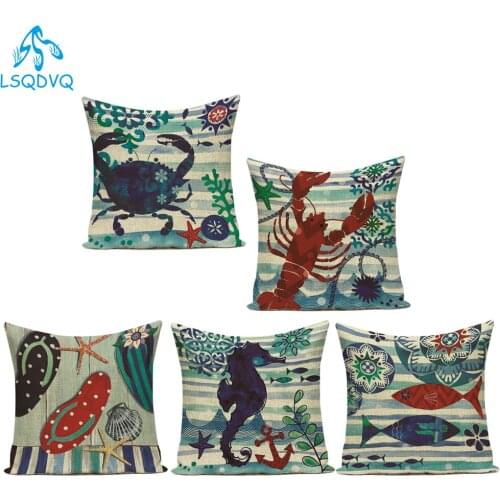 Polyester Ocean Animals Crab Shrimp Squid Seahorse Decorative Pillows Case Sofa Cushion Cover for Living Room Decoration