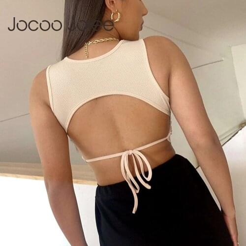 Jocoo Jolee Women Sexy Backless Knit Ribbed Tank Tops Elegant O Neck Vest Summer Casual Solid Yoga Elastics Skinny Cropped Tops