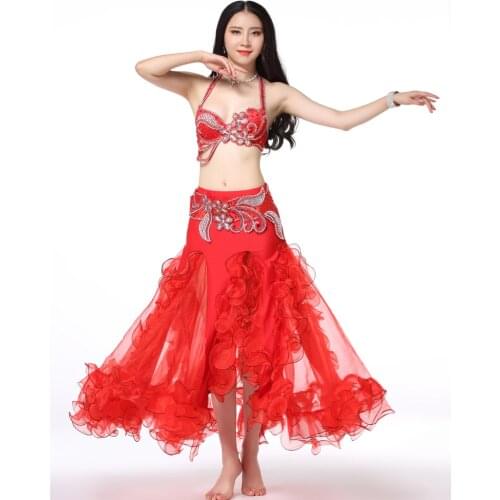 Women Belly Dance Wear Handmade Flower Beaded Clothing Egyptian Costumes Oriental Rhinestone Set Bra Belt Skirt