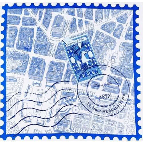 90cm City Street Stamp Print Twill Silk Scarf Women Square Shawl Brand Hijab Scarf Bandana Leopard Handmade Curled Head Scarf